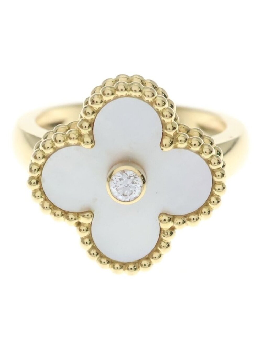Van Cleef & Arpels Vintage Alhambra Mother of Pearl Diamond Ring 18k Yellow Gold